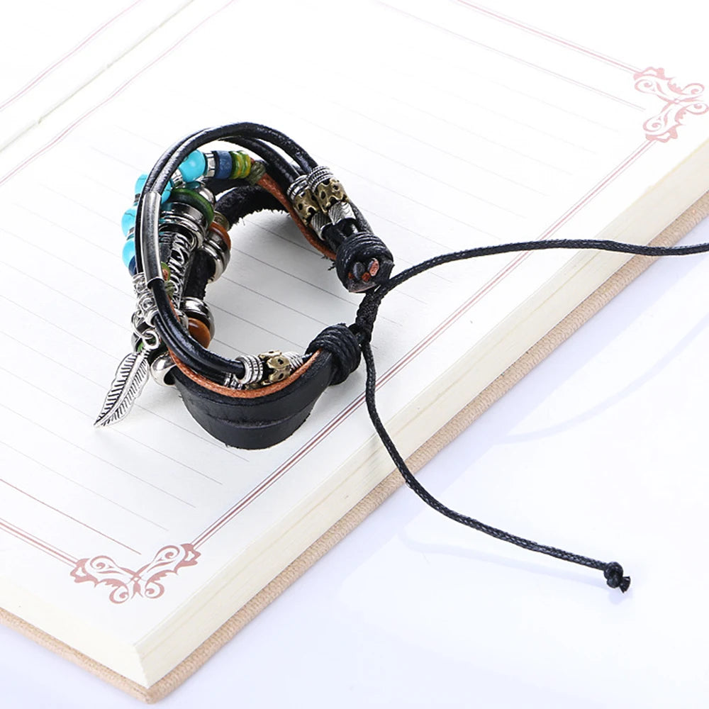 Tibet Stone Feather Multilayer Leather Charm Bracelet