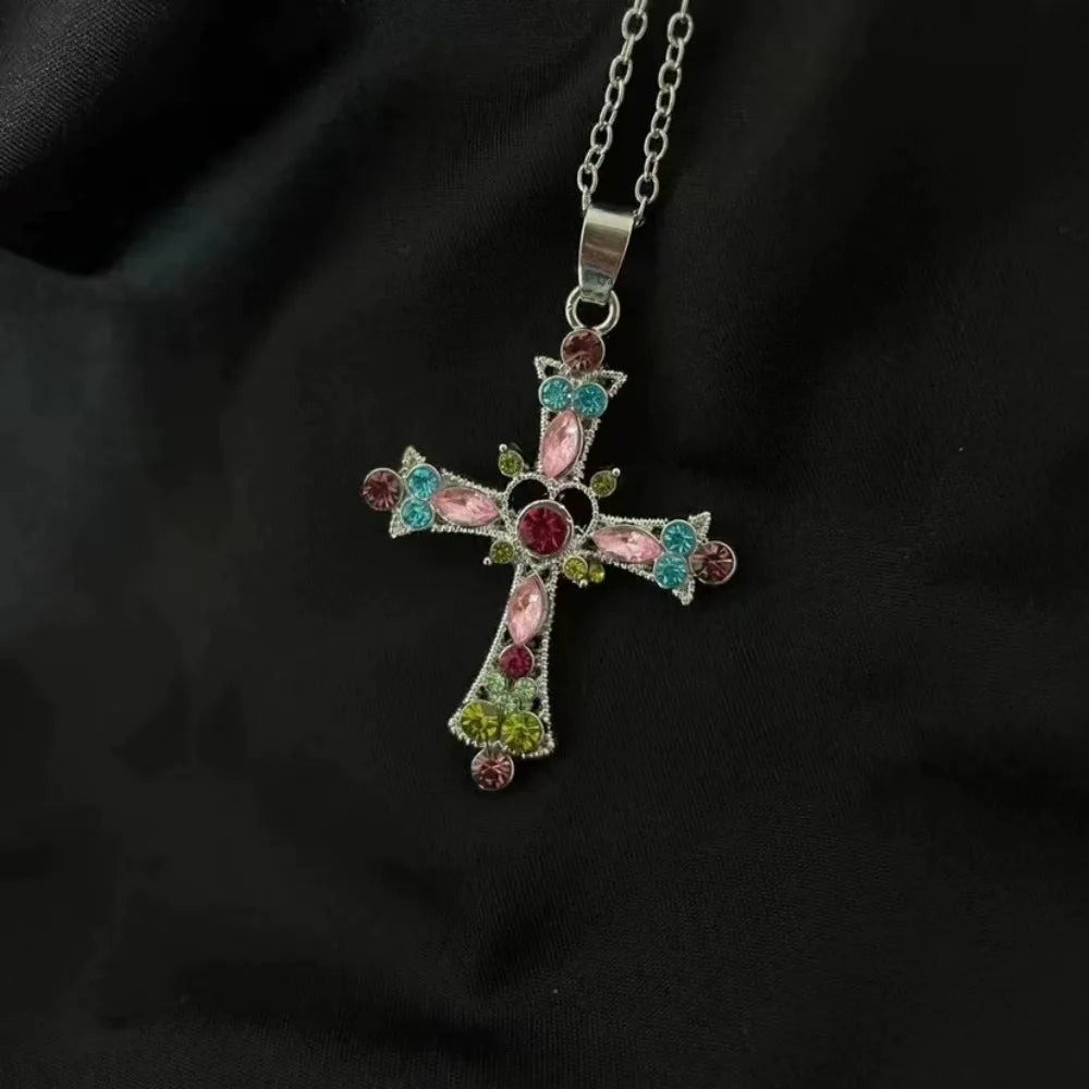 Y2k Crystal Pink Zircon Cross Pendant Necklace