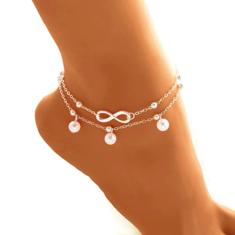 Bohemia Retro Pearl Heart Infinity Double-Deck Anklet Set