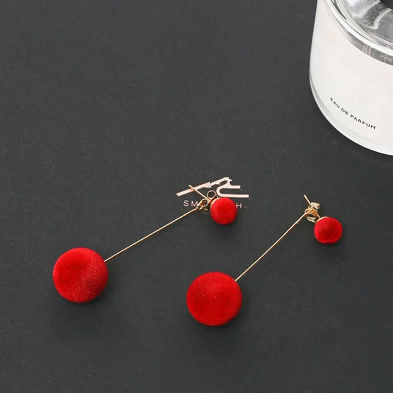 Velvet Red Black Round Tassel Drop Earrings