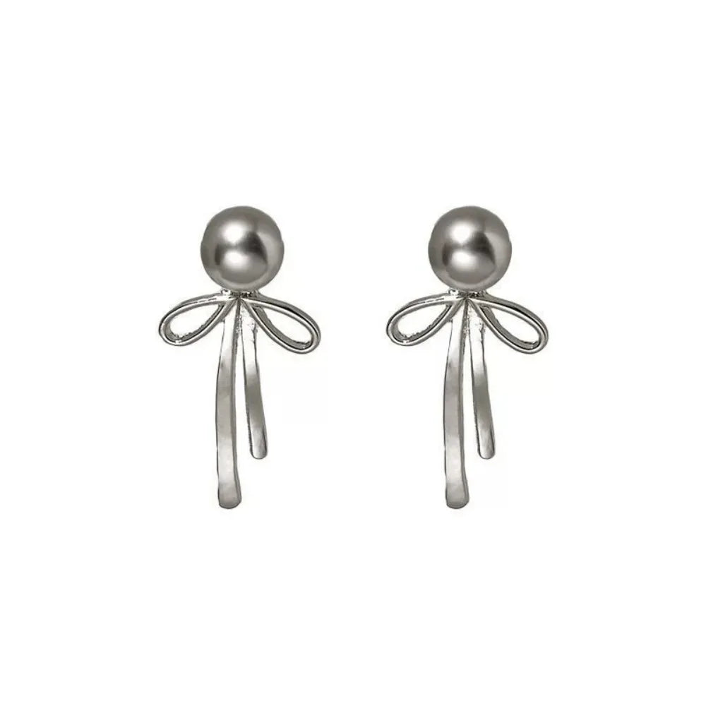 Bowknot Pendant Choker Necklace and Earrings with Gray Pearls Set