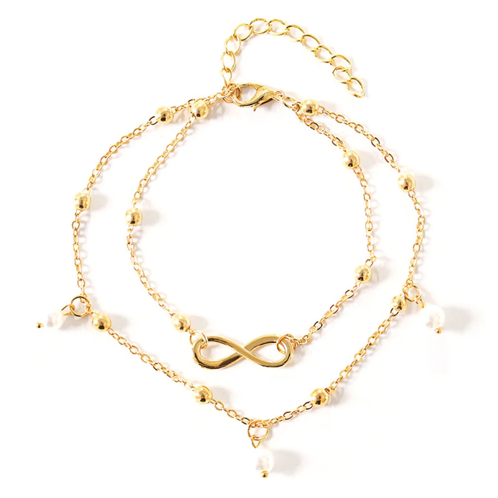 Retro Pearl Heart Infinity Double-Deck Anklet Set
