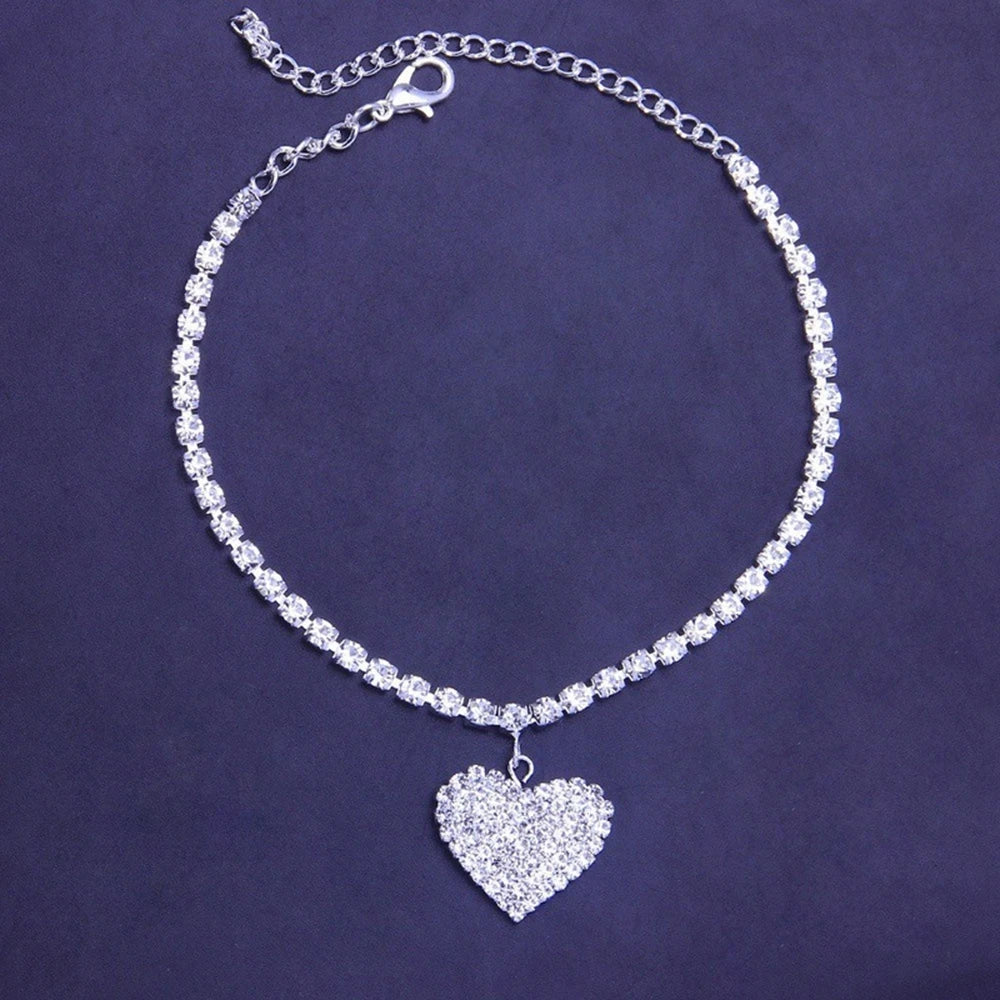 Rhinestone Heart Pendant Chain Anklet