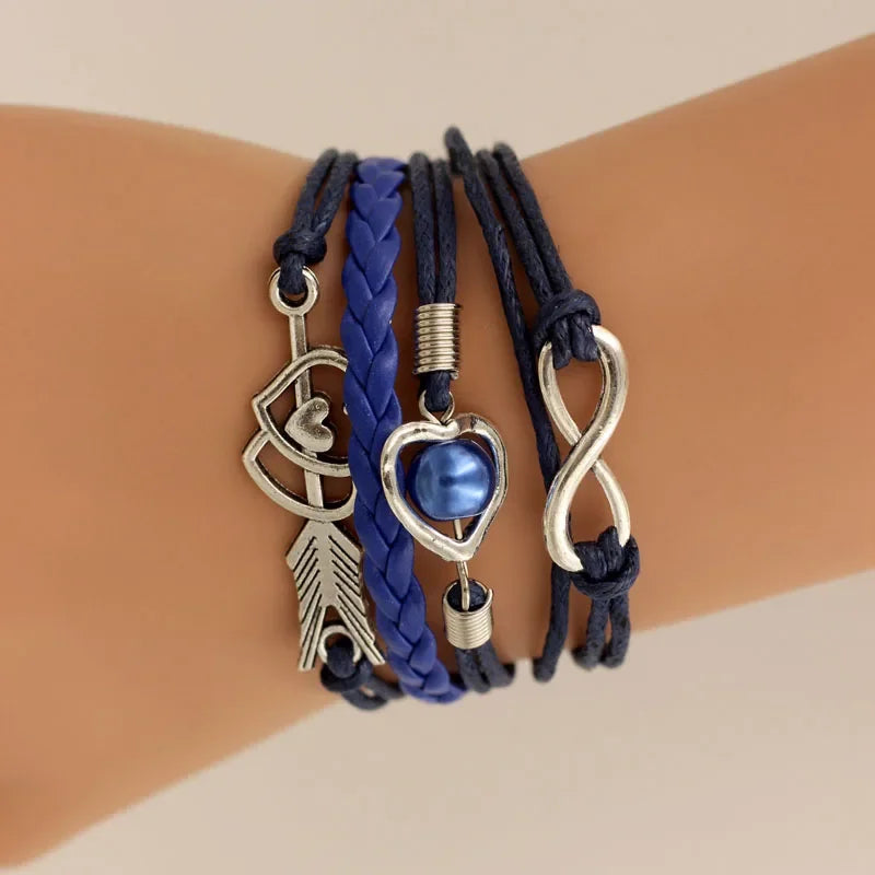 Infinity Love Heart Pearl Friendship Antique Leather Charm Bracelet