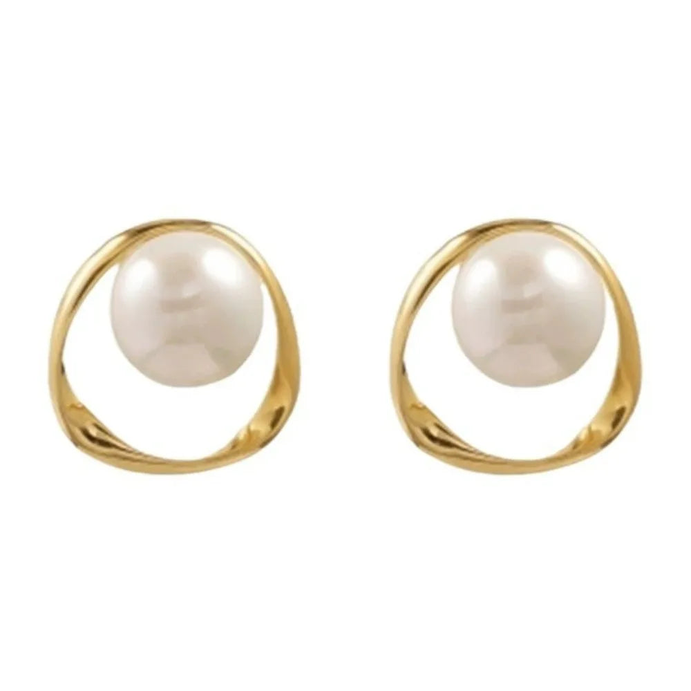 Gold Color Delicate Irregular Design Unusual Imitation Pearl Round Stud Earrings