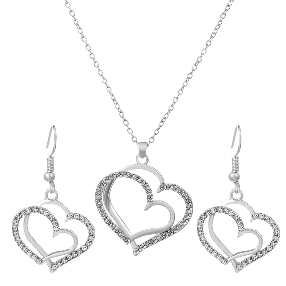 Exquisite Double Heart Necklace Earrings Jewelry Set