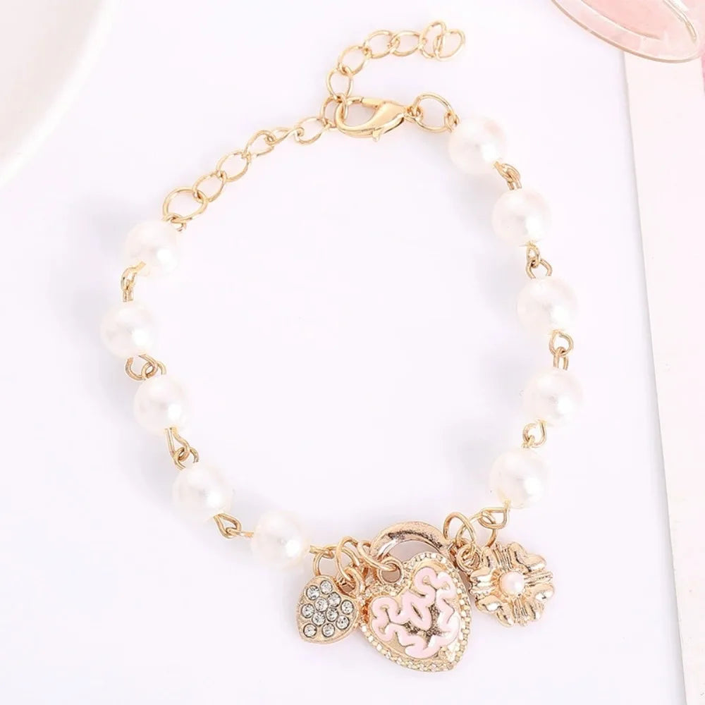 Heart Flower Simulated Pearl Crystal D Letter Beaded Bracelet