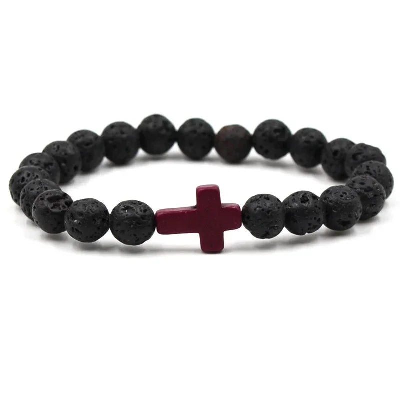 Handmade Natural Stone Cross Black Lava Beaded Strand Bracelet