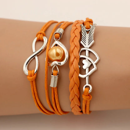 Infinity Love Heart Pearl Friendship Antique Leather Charm Bracelet