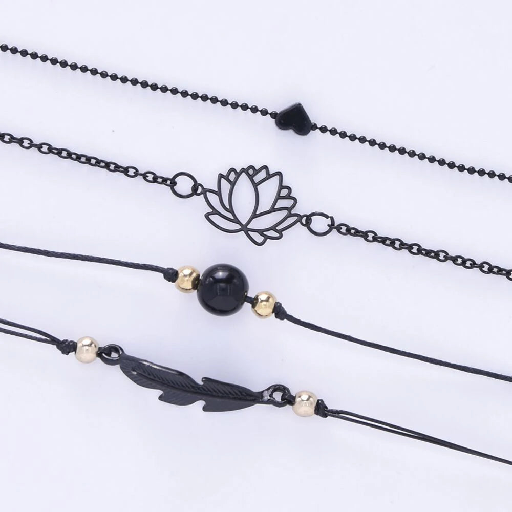 4PCs Gothic Black Feather Lotus Bracelets