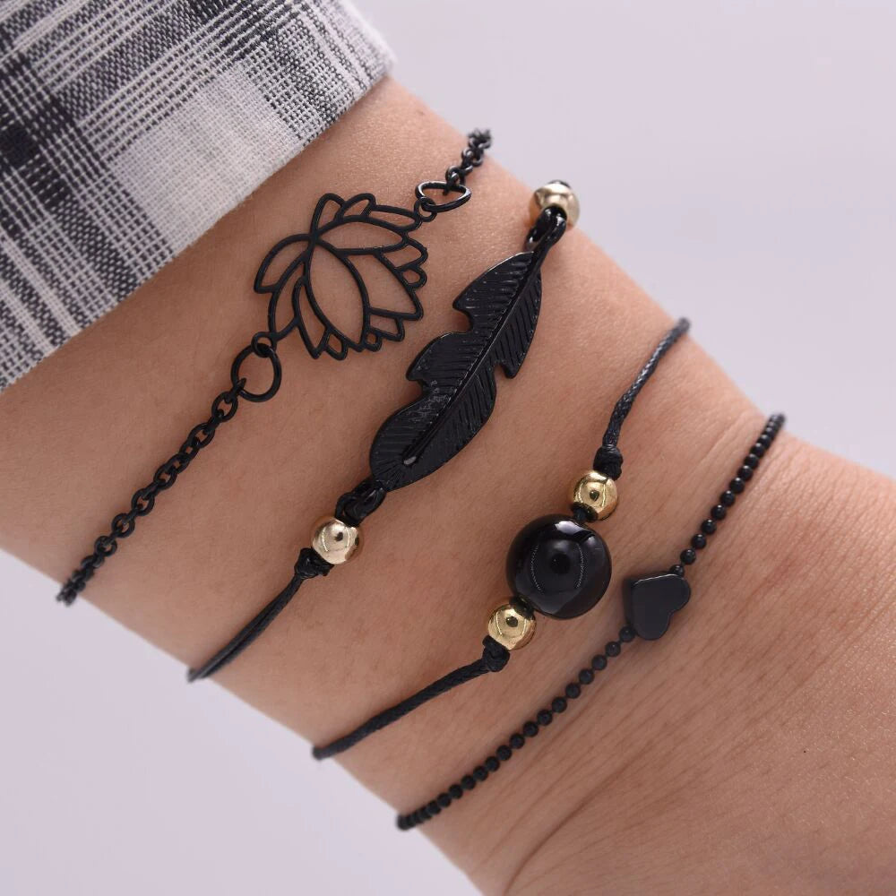 4PCs Gothic Black Feather Lotus Bracelets