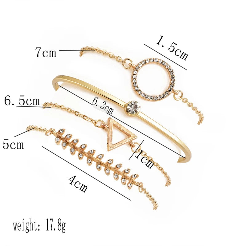 4 Pcs/Set Women's Fashion Crystal Triangle Circle Leaf Chain Bracelet