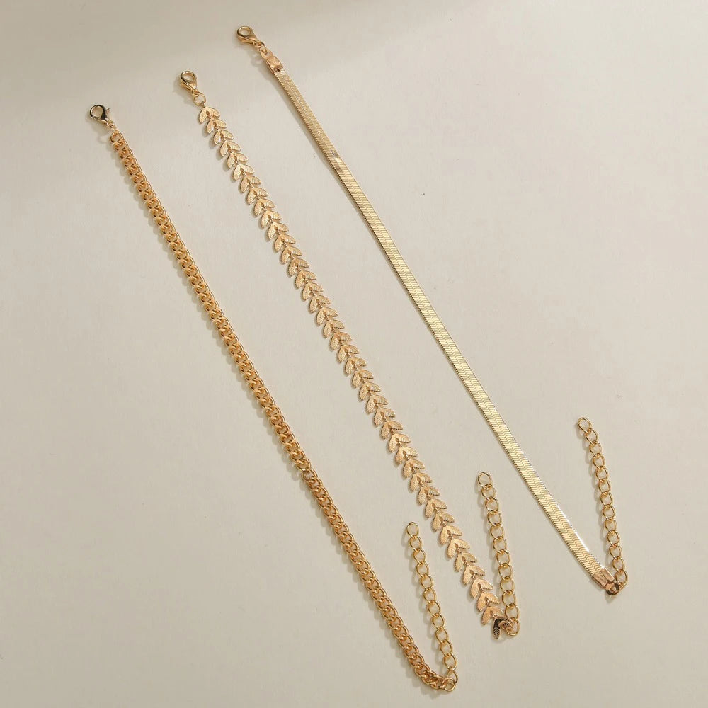 3pcs/set Gold Color Simple Chain Anklets