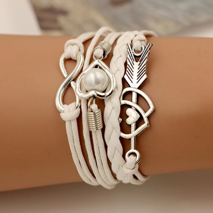 Infinity Love Heart Pearl Friendship Antique Leather Charm Bracelet