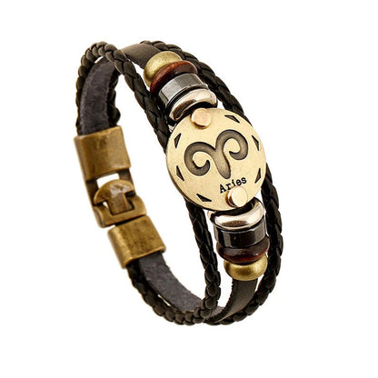 12 Constellation Logo Punk Leather Bracelet