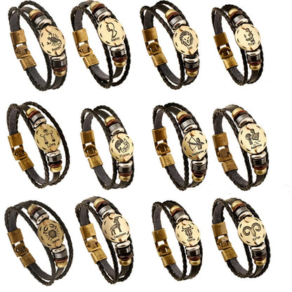 12 Constellation Logo Punk Leather Bracelet