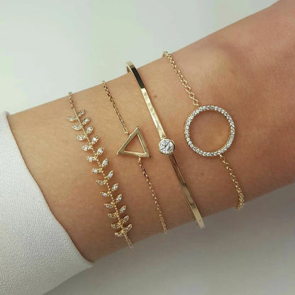 4 Pcs/Set Women's Fashion Crystal Triangle Circle Leaf Chain Bracelet
