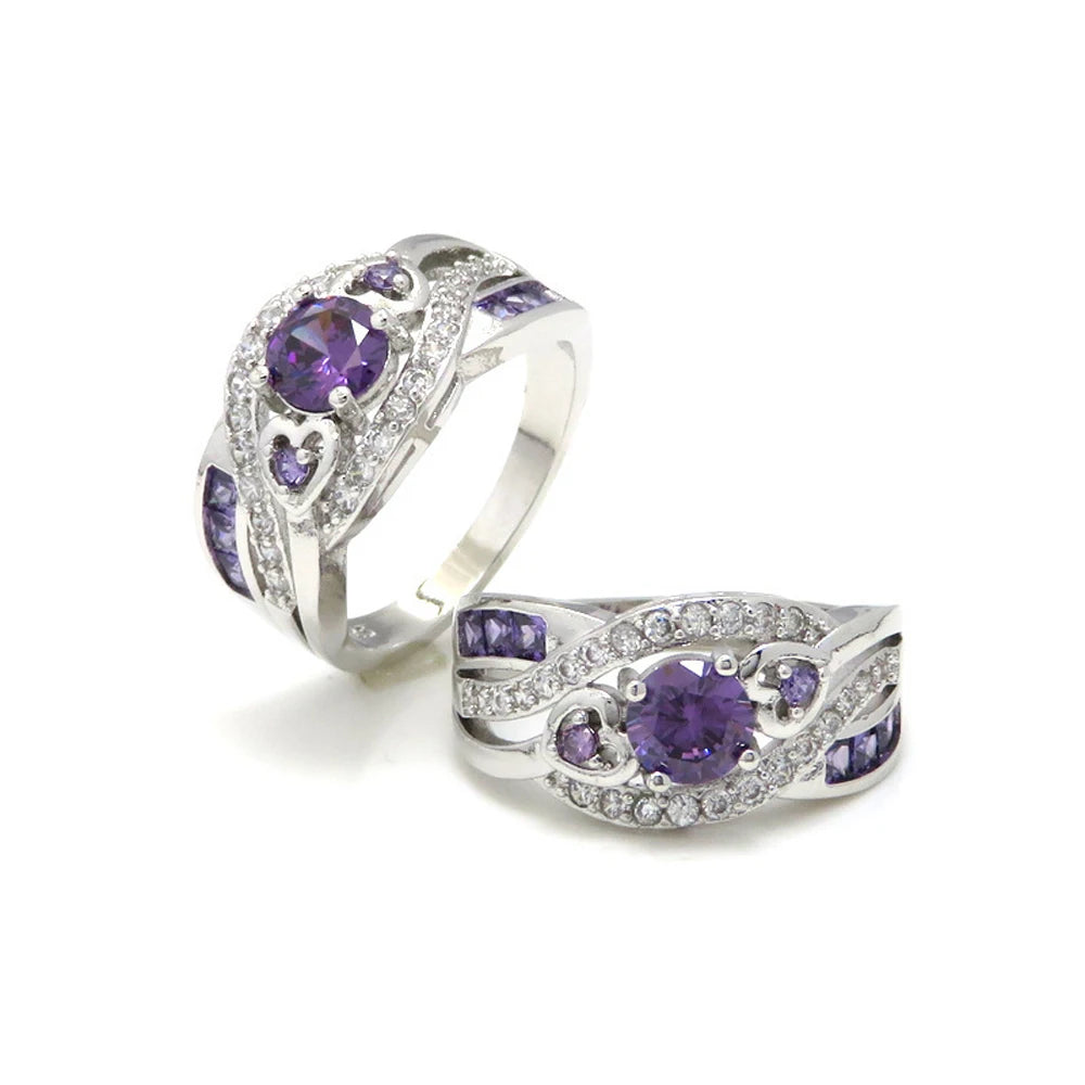 Oval Heart Design Multi & Purple White CZ Silver Color Ring