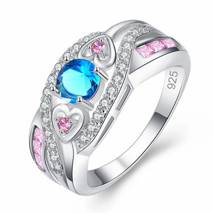 Oval Heart Design Multi & Purple White CZ Silver Color Ring