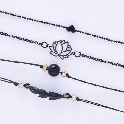 4PCs Gothic Black Feather Lotus Bracelets