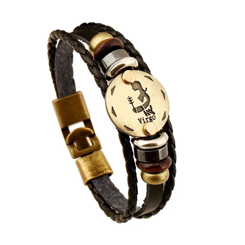 12 Constellation Logo Punk Leather Bracelet