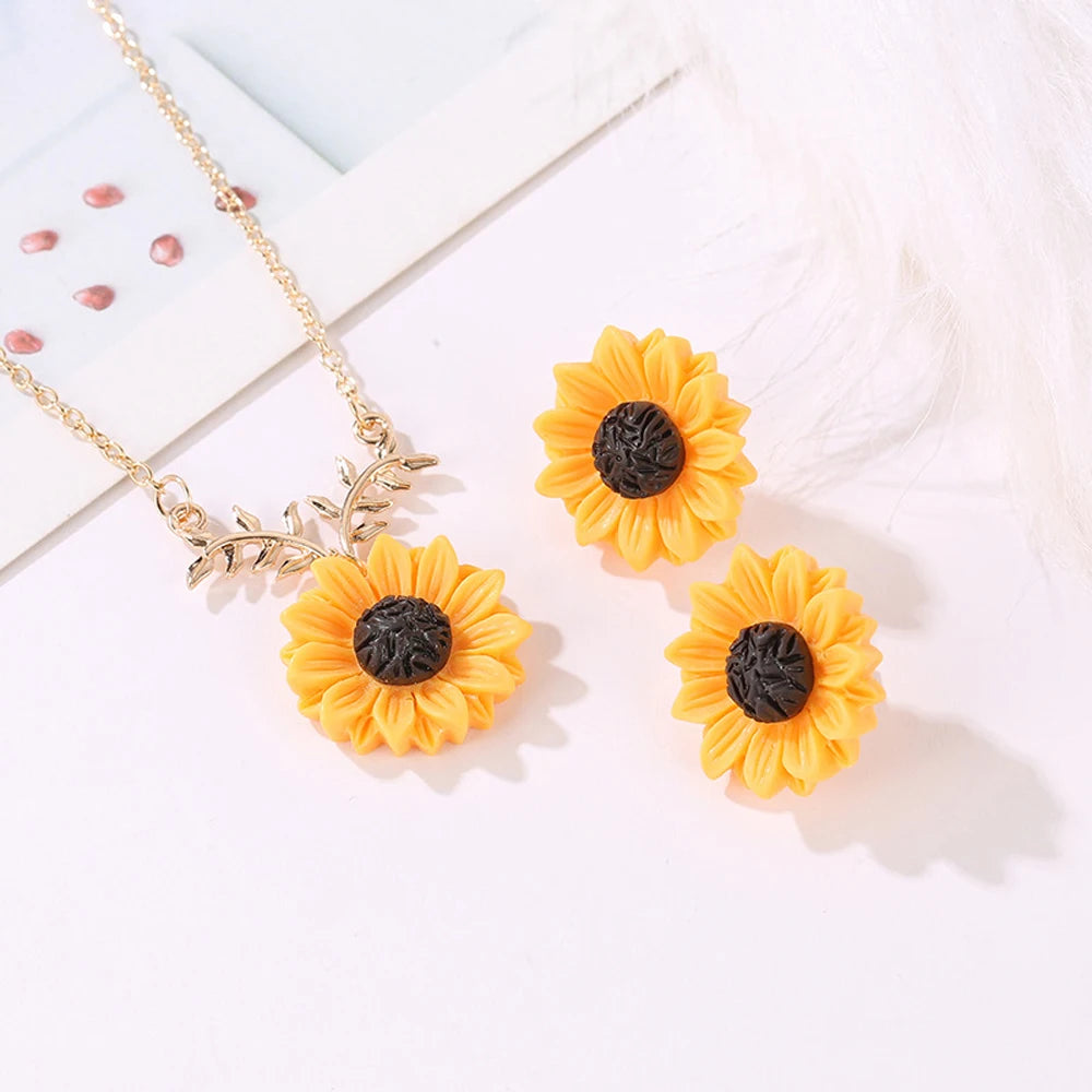 Delicate Sunflower Creative Imitation Pearls Earrings And Necklace  Set