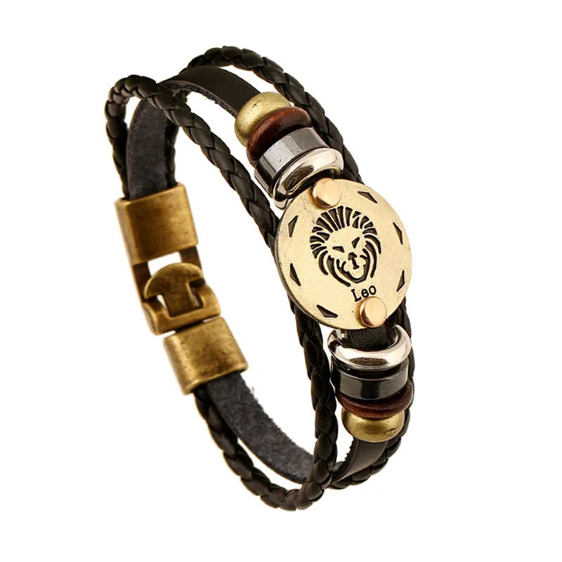 12 Constellation Logo Punk Leather Bracelet