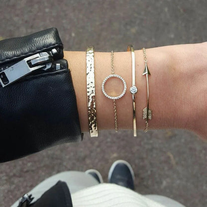 4 Pcs/Set Women's Fashion Crystal Triangle Circle Leaf Chain Bracelet