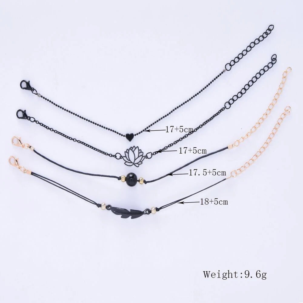 4PCs Gothic Black Feather Lotus Bracelets