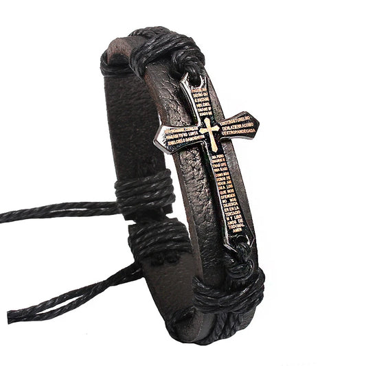 Vintage Leather And Metal Cross Jesus Bracelet