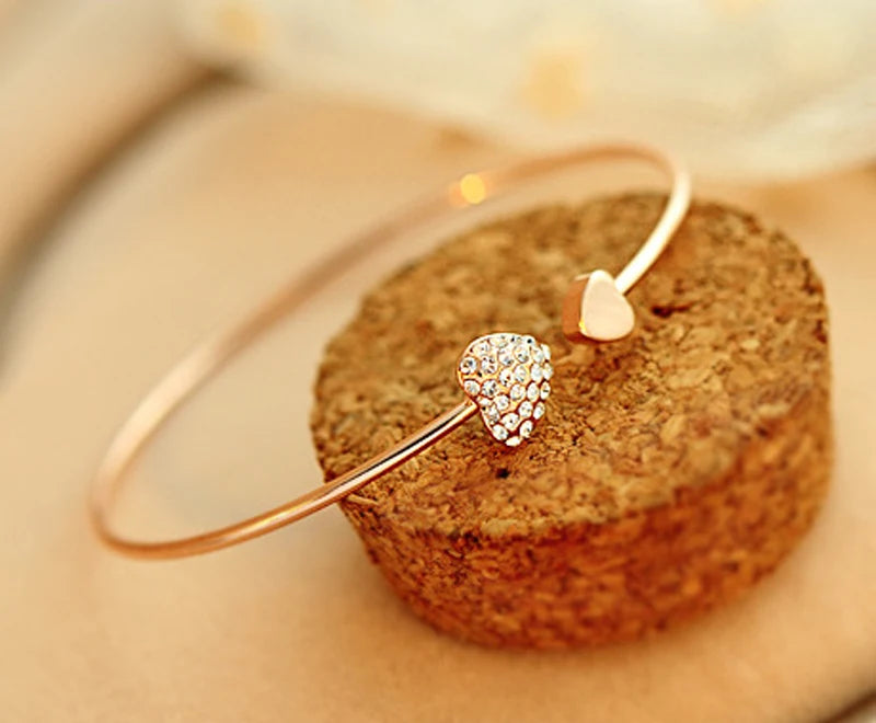 Adjustable Crystal Double Heart Bow Bilezik Cuff Opening Bracelet