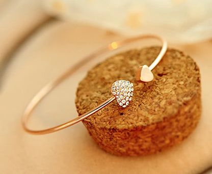 Adjustable Crystal Double Heart Bow Bilezik Cuff Opening Bracelet