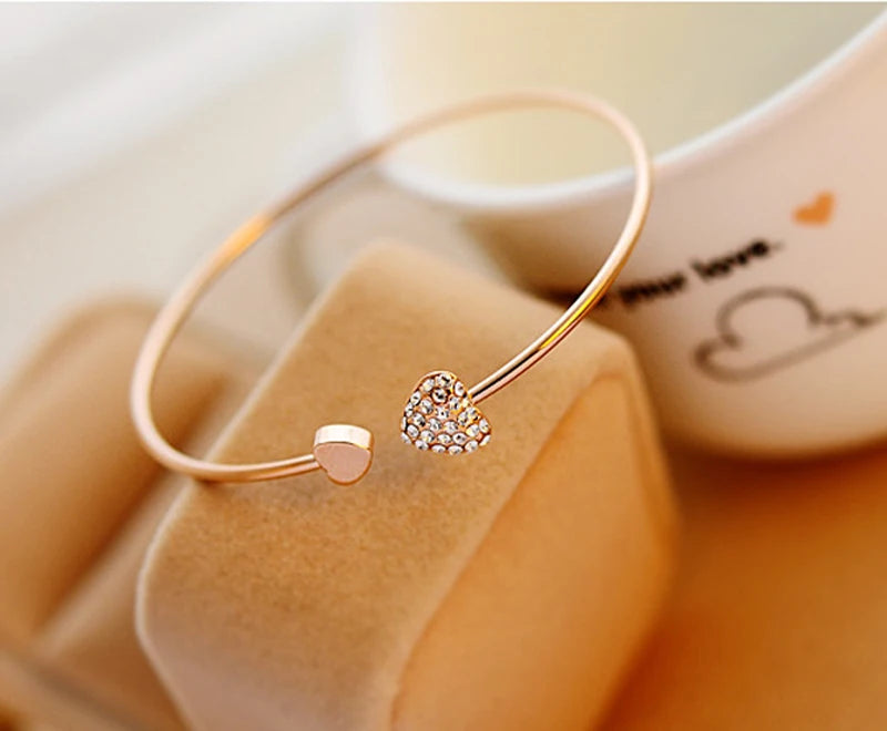 Adjustable Crystal Double Heart Bow Bilezik Cuff Opening Bracelet