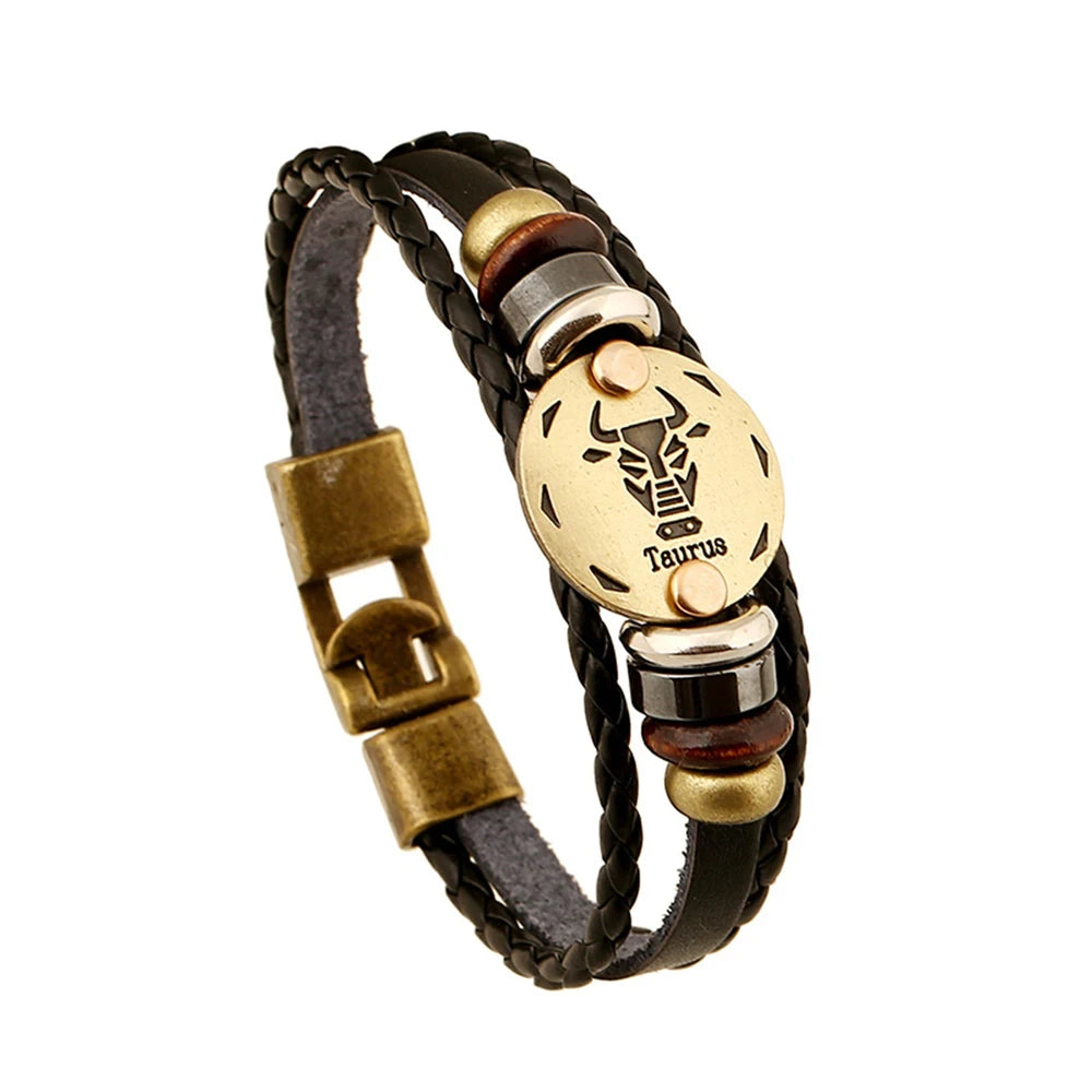 12 Constellation Logo Punk Leather Bracelet
