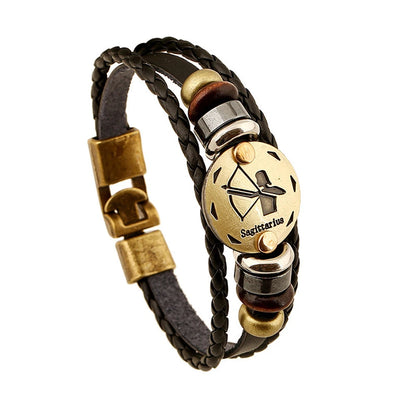 12 Constellation Logo Punk Leather Bracelet