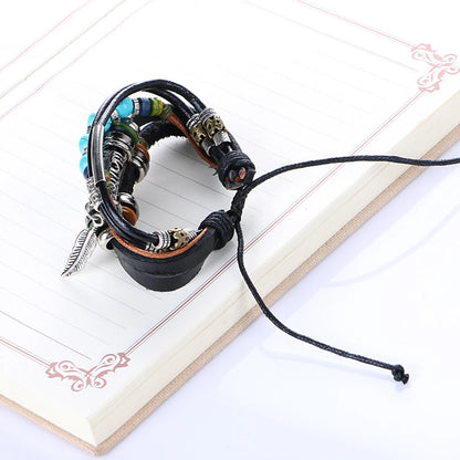 Tibet Stone Feather Multilayer Leather Charm Bracelet