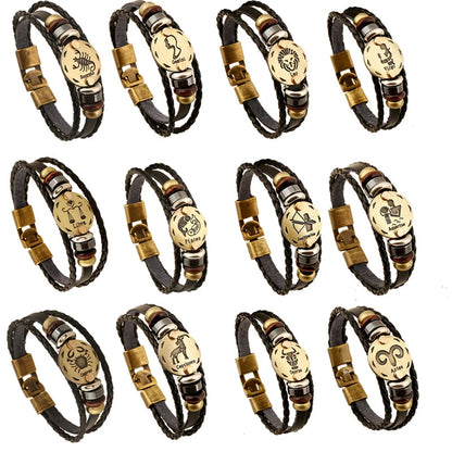 12 Constellation Logo Punk Leather Bracelet