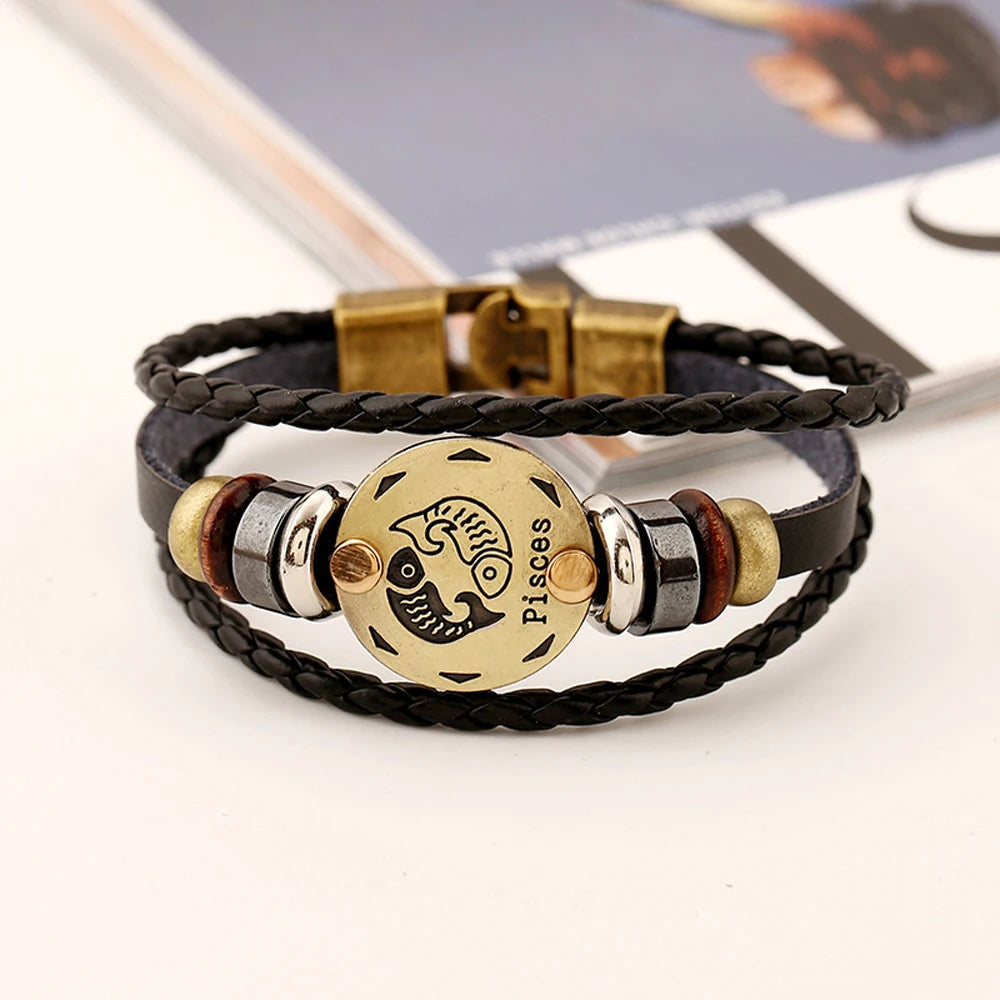 12 Constellation Logo Punk Leather Bracelet