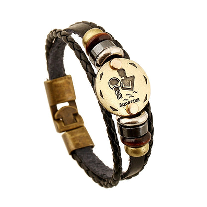 12 Constellation Logo Punk Leather Bracelet