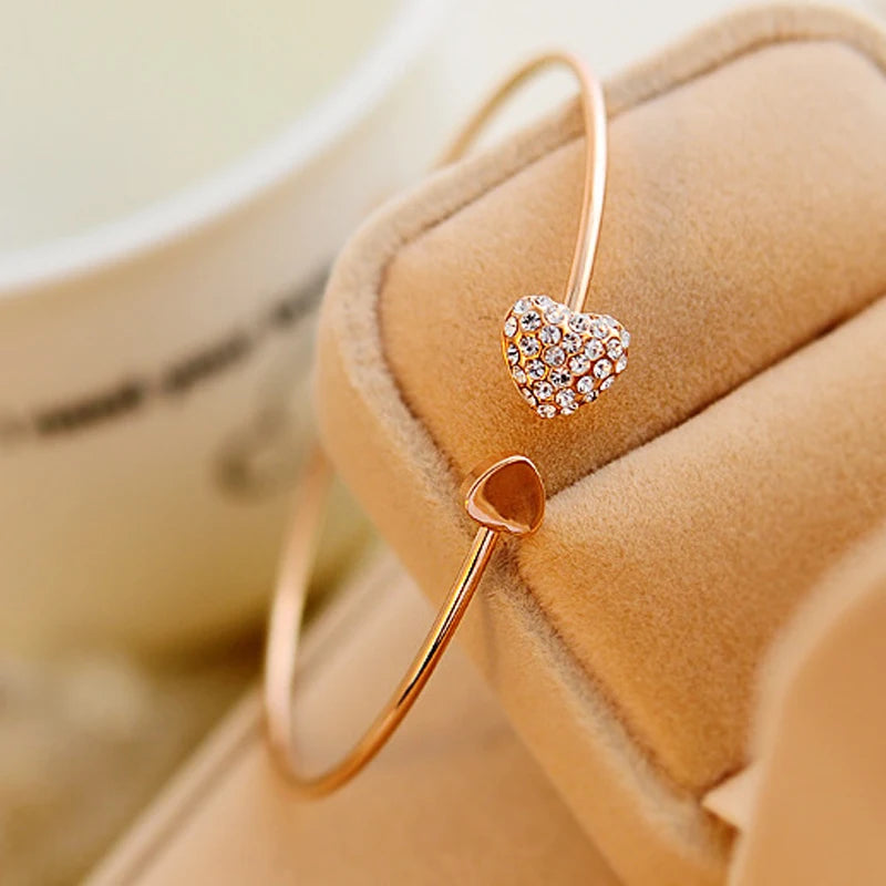 Adjustable Crystal Double Heart Bow Bilezik Cuff Opening Bracelet