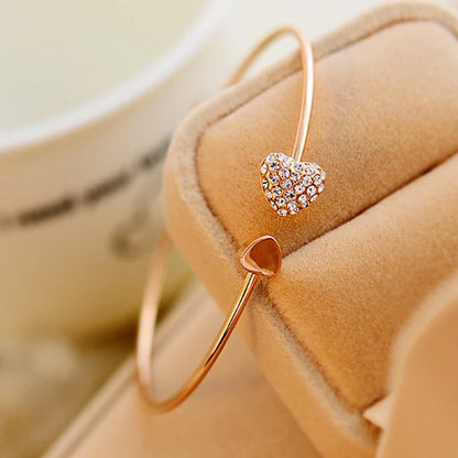 Adjustable Crystal Double Heart Bow Bilezik Cuff Opening Bracelet