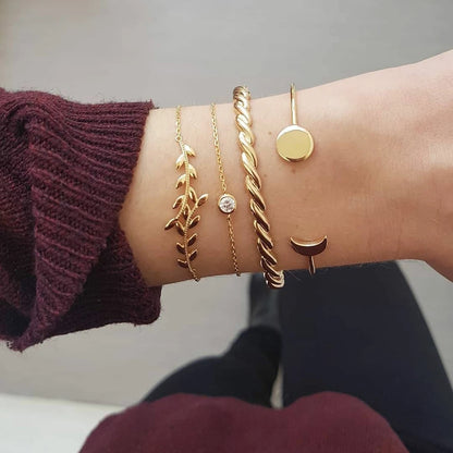 4 Pcs/Set Women's Fashion Crystal Triangle Circle Leaf Chain Bracelet