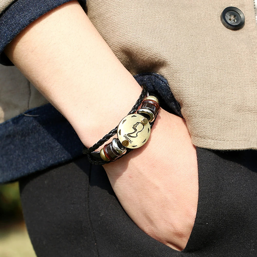 12 Constellation Logo Punk Leather Bracelet