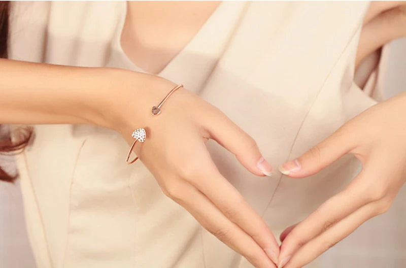 Adjustable Crystal Double Heart Bow Bilezik Cuff Opening Bracelet