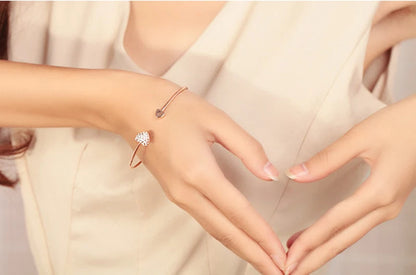Adjustable Crystal Double Heart Bow Bilezik Cuff Opening Bracelet