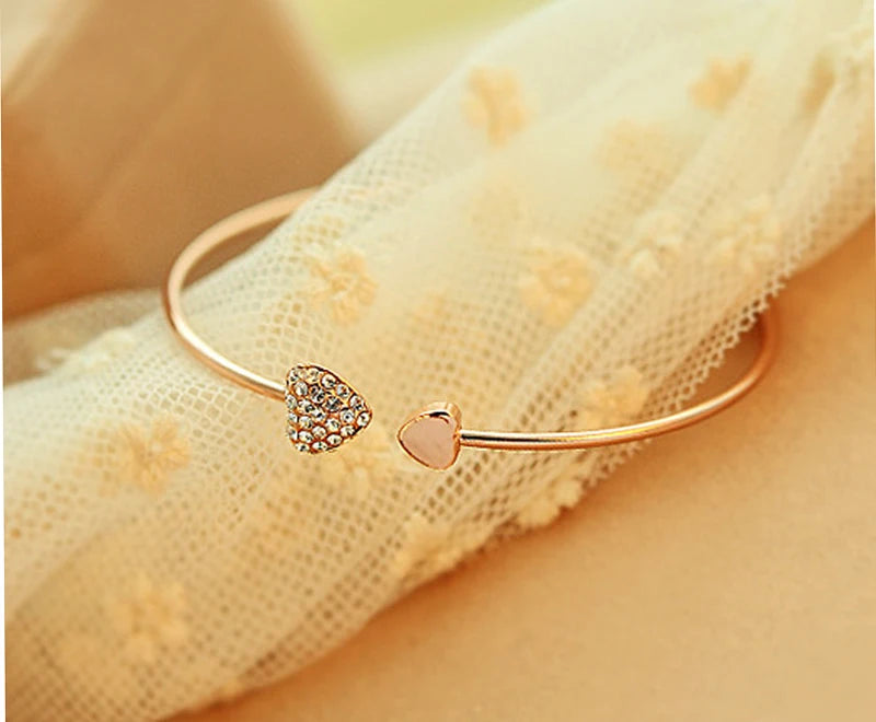 Adjustable Crystal Double Heart Bow Bilezik Cuff Opening Bracelet