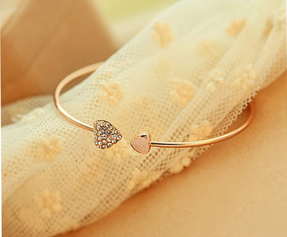 Adjustable Crystal Double Heart Bow Bilezik Cuff Opening Bracelet