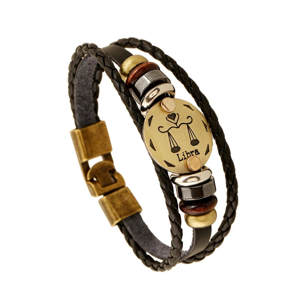 12 Constellation Logo Punk Leather Bracelet