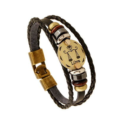 12 Constellation Logo Punk Leather Bracelet