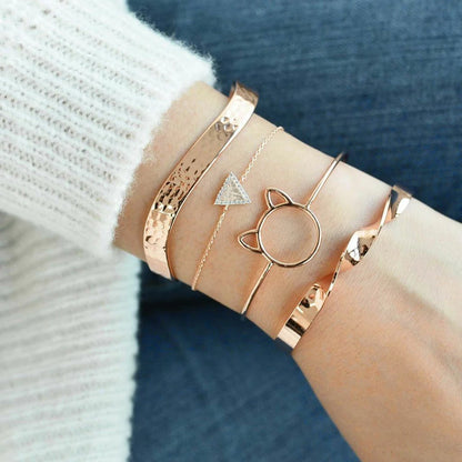 4 Pcs/Set Women's Fashion Crystal Triangle Circle Leaf Chain Bracelet